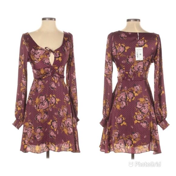FREE PEOPLE Morning‎ Light Mini Dress Long Sleeve Floral Satin Purple Size 0 New - Picture 2 of 16